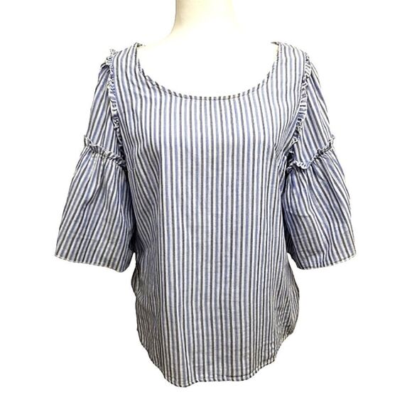Seven7 Pullover Blouse Flounce Bell Sleeves Blue White Stripes Size Medium - Picture 1 of 7
